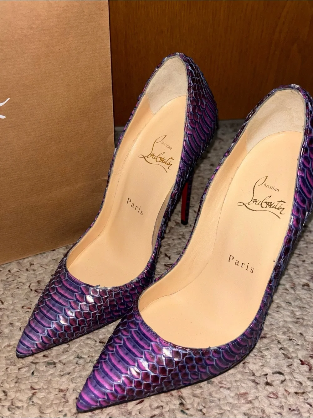 Christian Louboutin Purple Snakeskin Pointed-Toe Pumps with Red Soles